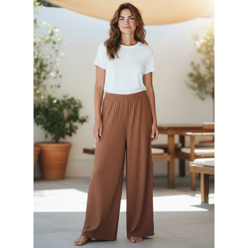 Sancia Wide Leg Pants Womens Medium Cropped Brown Ribbed Cotton Knit Loungewear